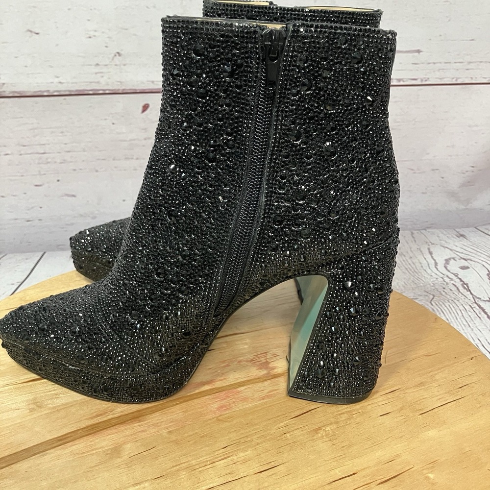 Betsey Johnson‎ Rhinestone Ankle Boots Women's Size 8 Black Chunky Heel Sparkly - Picture 7 of 12